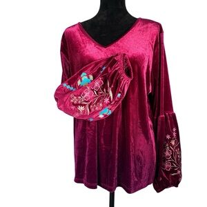 Pink Velvet Top Embroidered Balloon Sleeves Prairie Back in the Saddle Womens XL